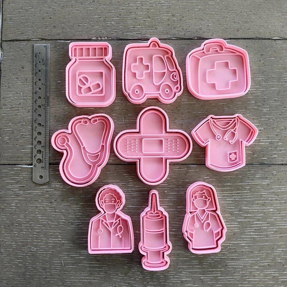 9-Piece Medical Themed Cookie Cutters & Stamp Set Pink